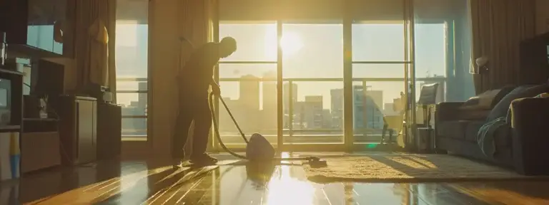 a person meticulously cleaning an empty apartment with a vacuum cleaner and mop.