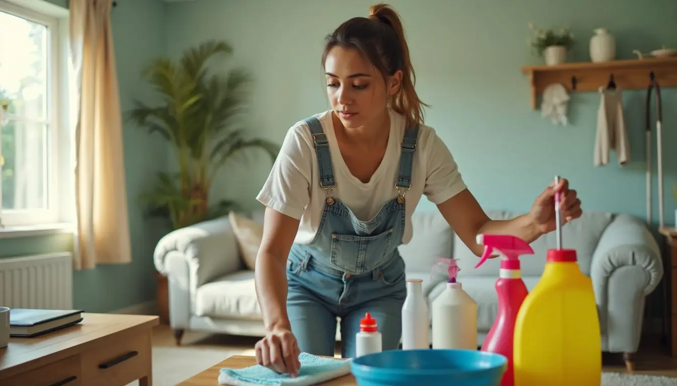 A person in their 30s prepares cleaning tools in a tidy room, ready to start deep cleaning.