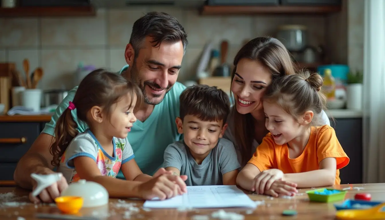 A family of four discusses cleaning needs at a cluttered dining table.