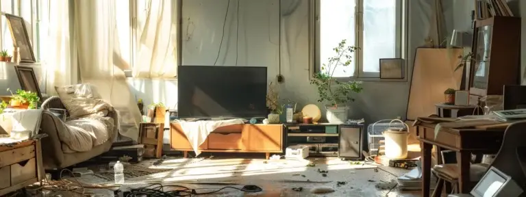 a cluttered and dusty living room with abandoned furniture and cobwebs, showcasing the consequences of not meeting vacate cleaning standards in perth.