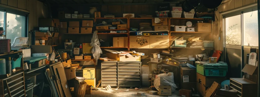 a cluttered garage with boxes stacked haphazardly, items spilling out, and dust hanging in the air as someone begins the task of tidying up for vacate cleaning in perth.