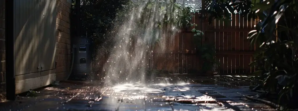 a person vigorously power-washing a dirty patio, creating a dramatic spray of water and revealing a sparkling clean surface for vacate cleaning in perth.