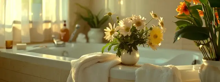 a sparkling clean bathtub with fresh white towels and a vase of vibrant flowers on the counter.