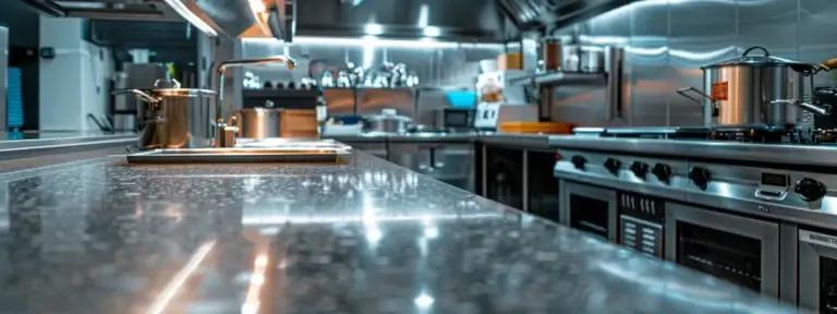 a sparkling clean kitchen counter with gleaming stainless steel appliances and spotless countertops.