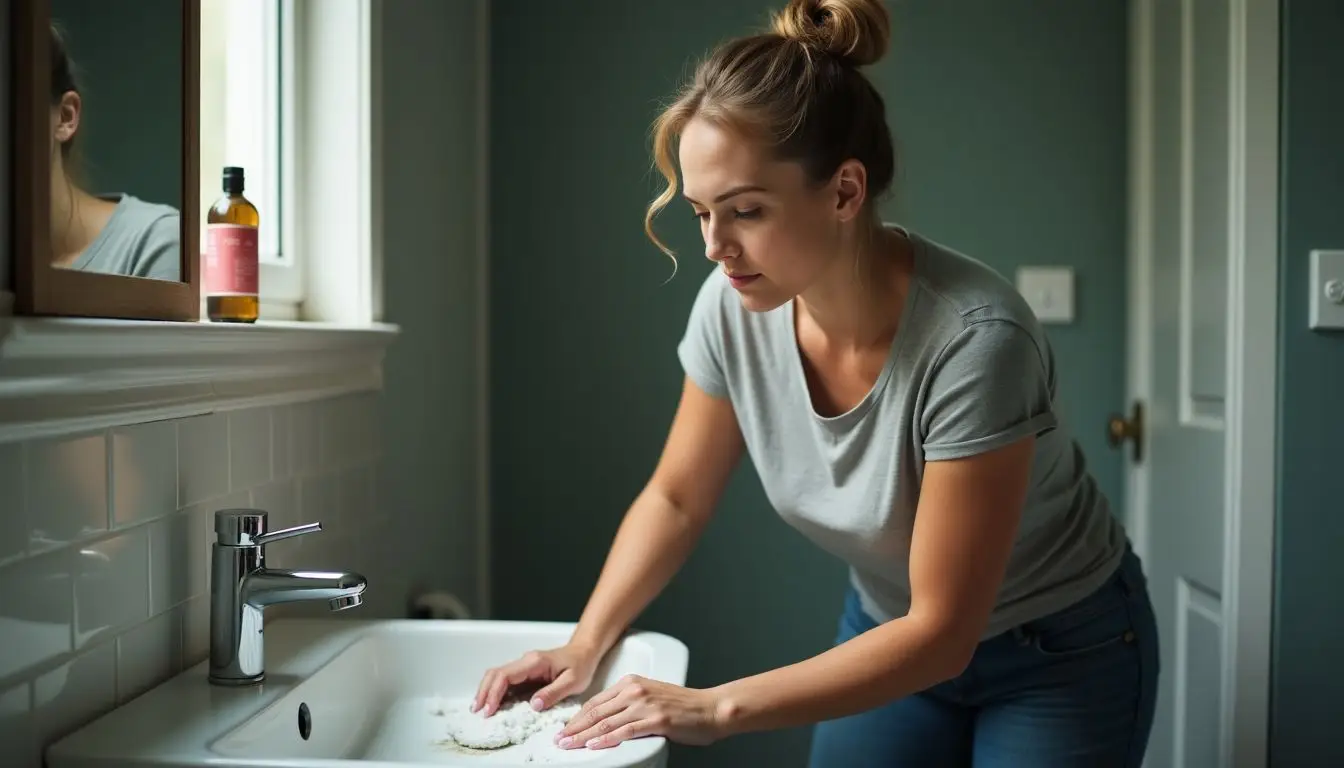 A woman in casual clothing scrubbing dirty grout in a dim bathroom.