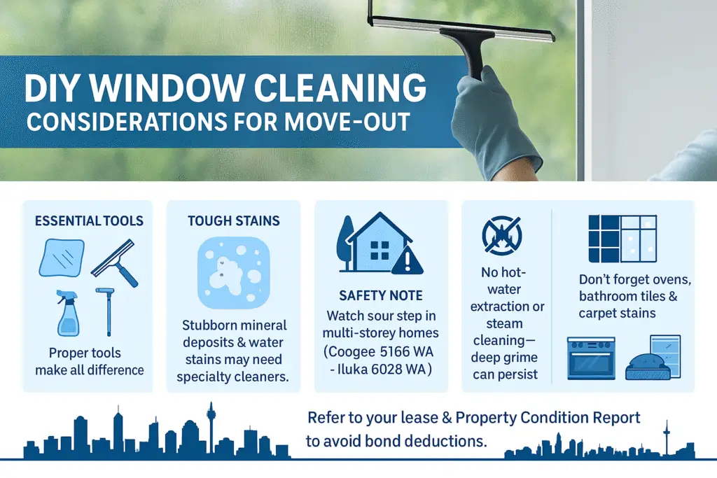 Is Professional Window Cleaning Mandatory At The End Of Lease In Perth? 1 Infographic showing DIY window cleaning tips for end-of-lease cleaning, featuring a person using a squeegee, and sections on tools, tough stains, safety, cleaning limitations, and other move-out tasks.