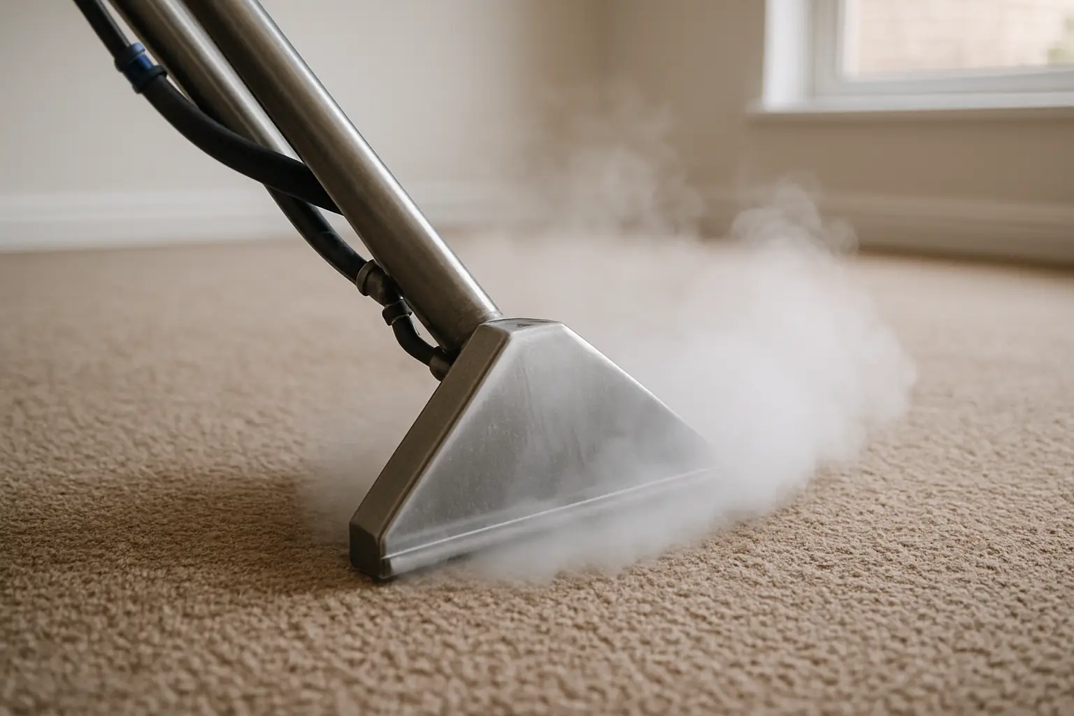 Professional carpet steam cleaning wand with hot steam in action