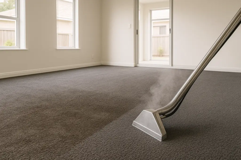 Steam cleaning a dark grey carpet inside a bright modern rental property showing clean and dirty contrast.