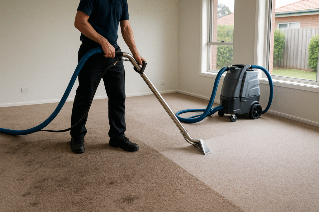 Why Carpet Steam Cleaning Is A Mandatory Service In Perth During Move-Out? 1 End of lease carpet steam cleaning inside an empty Australian rental property showing clear contrast between dirty and cleaned carpet areas.