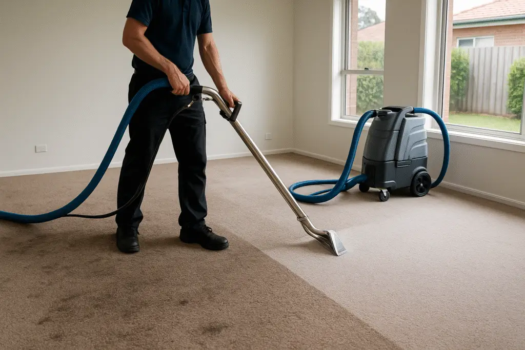 Why Carpet Steam Cleaning Is A Mandatory Service In Perth During Move-Out? 1 End of lease carpet steam cleaning inside an empty Australian rental property showing clear contrast between dirty and cleaned carpet areas.