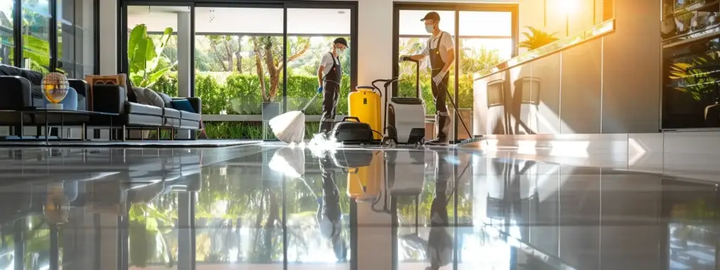 A professional team of uniformed cleaners using advanced equipment in a bright, immaculate home interior. They are expertly cleaning every detail—from sparkling floors to gleaming countertops—in a modern Perth residence, perfectly representing the high-standard bond cleaning services of Majestic Vacate Cleaning