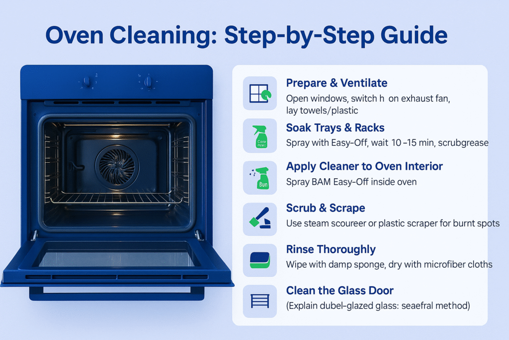 Is Professional Oven Cleaning Necessary At The End Of Lease? 1 Infographic titled "Oven Cleaning: Step-by-Step Guide" showing a clean oven on the left and seven cleaning steps with icons and instructions on the right, using a blue and green color scheme.