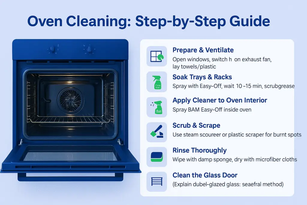Is Professional Oven Cleaning Necessary At The End Of Lease? 1 Infographic titled "Oven Cleaning: Step-by-Step Guide" showing a clean oven on the left and seven cleaning steps with icons and instructions on the right, using a blue and green color scheme.