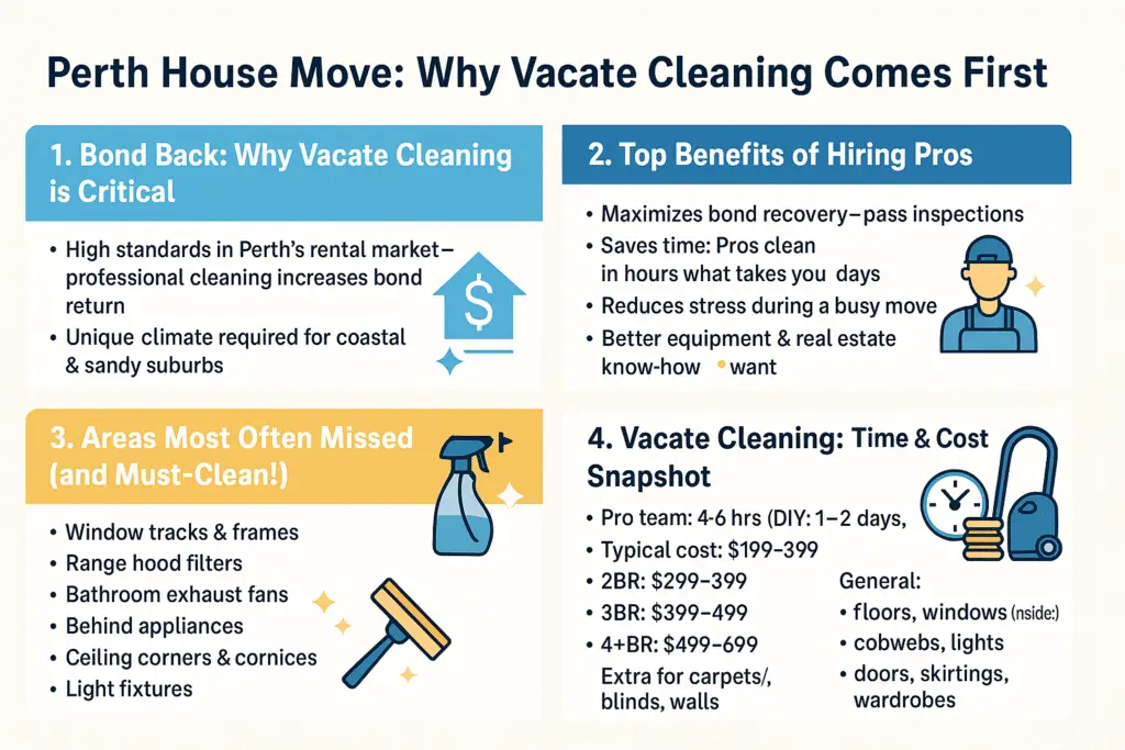 Planning Your Perth Move? Here’s Why Vacate Cleaning Should Come First 1 Infographic summarising the importance of vacate cleaning for Perth house moves, showing key benefits like bond return, time and cost savings, top missed areas, and what professional cleaning includes.