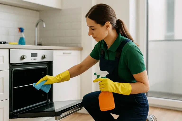 A professional cleaner in yellow gloves uses a cloth and spray bottle to clean a modern oven in a spotless, sunlit kitchen, illustrating expert vacate cleaning services in Perth.
