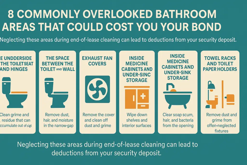 8 Frequently Ignored Bathroom Areas That May Cost You Your Security Deposit 1 Horizontal infographic showing eight frequently missed bathroom areas during end-of-lease cleaning that can result in bond deductions, including toilet seat hinges, exhaust fans, and under-sink storage.