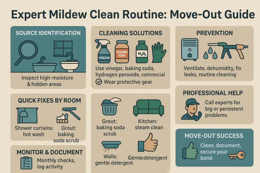 Expert Tips For Your Mildew Clean Routine 7 Horizontal infographic showing key steps for effective mildew cleaning before moving out, including source identification, recommended cleaning solutions, prevention strategies, room-specific fixes, monitoring, and when to call professionals.