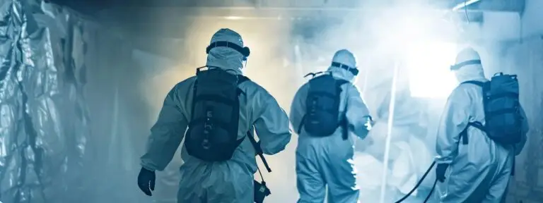 Mold remediation workers in protective gear assessing and treating a contaminated area.