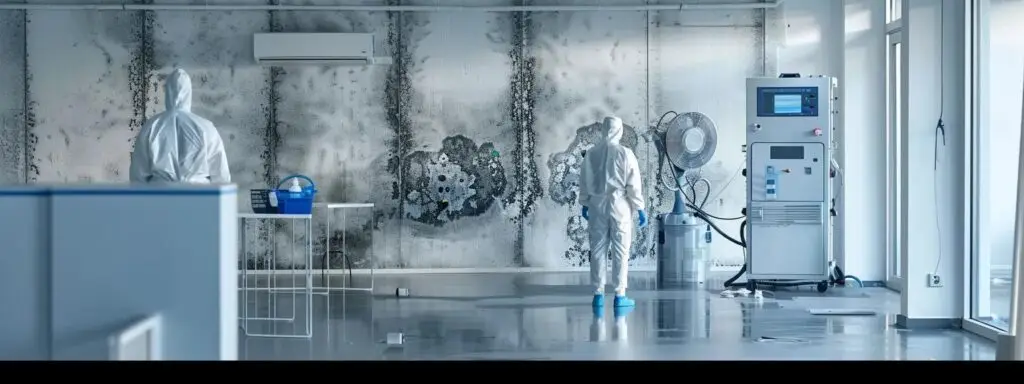 Mold removal technician spraying solution on affected wall during mold remediation process.