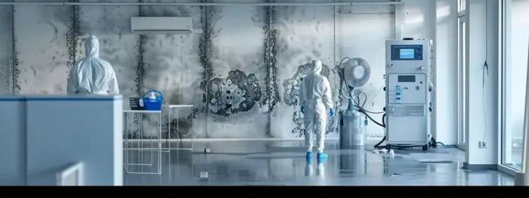 Mold removal technician spraying solution on affected wall during mold remediation process.