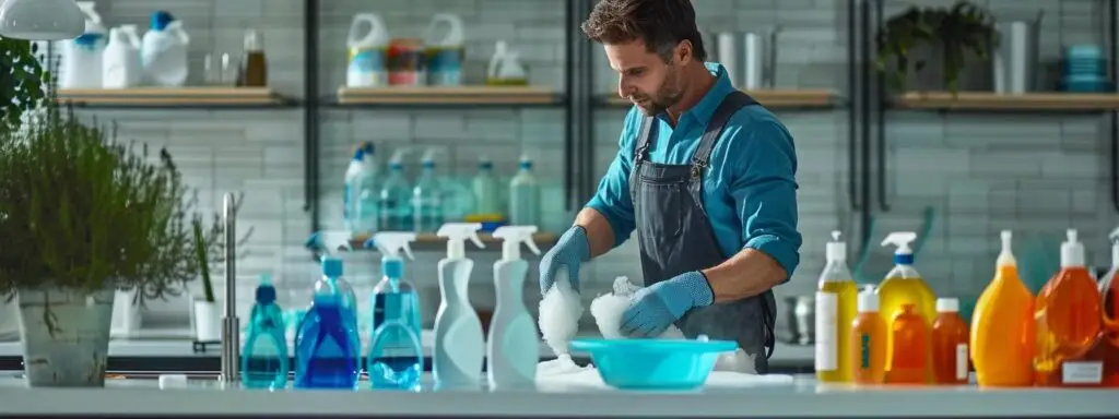 Expert Tips For Your Mildew Clean Routine 3 Mildew removal solution and tools on a clean surface for effective cleaning.