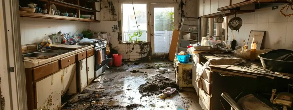 Abandoned kitchen in Perth filled with dirt, grime, and debris on the floor and surfaces, showing severe neglect and in urgent need of professional vacate cleaning.