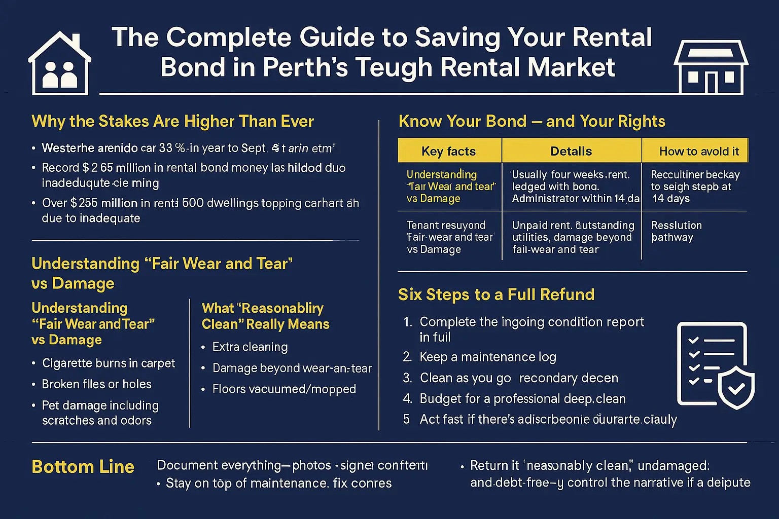 The Complete Guide To Saving Your Rental Bond In Perth'S Tough Rental Market 1 Horizontal infographic summarizing how Perth tenants can save their rental bond, including WA market statistics, fair wear and tear definitions, causes of bond deductions, and a six-step checklist for a full refund.