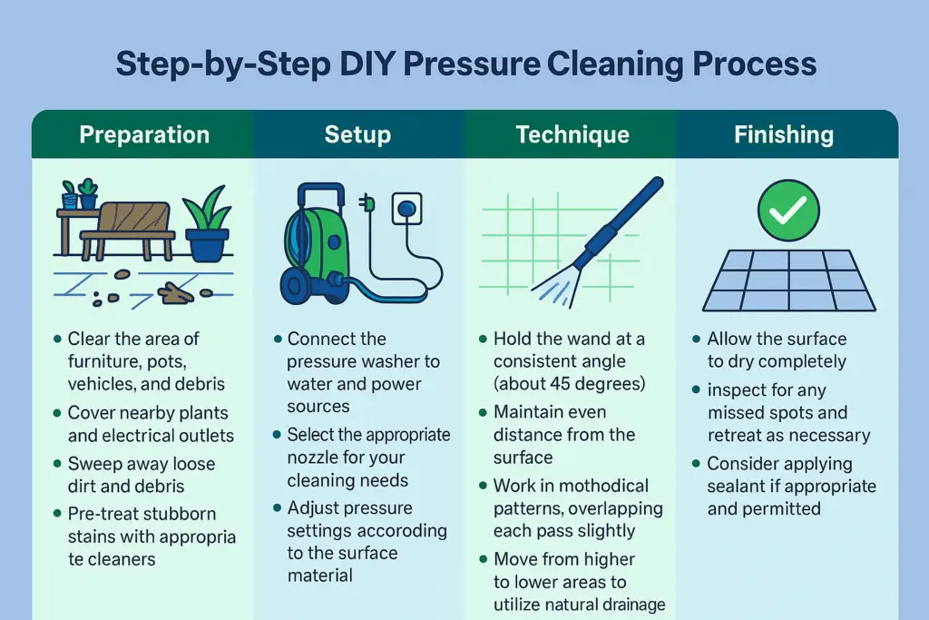 Is Pressure Cleaning Your Driveway &Amp; Patio Mandatory For Perth Bond Cleaning? 1 Horizontal infographic showing step-by-step DIY pressure cleaning process with blue-green visuals, including preparation, setup, technique, and finishing.