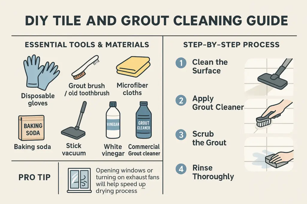 Perth End Of Lease Cleaning: Are Tile &Amp; Grout Services Mandatory? 1 Horizontal infographic showing tools and step-by-step process for DIY tile and grout cleaning, including gloves, brushes, vinegar, and mop visuals.