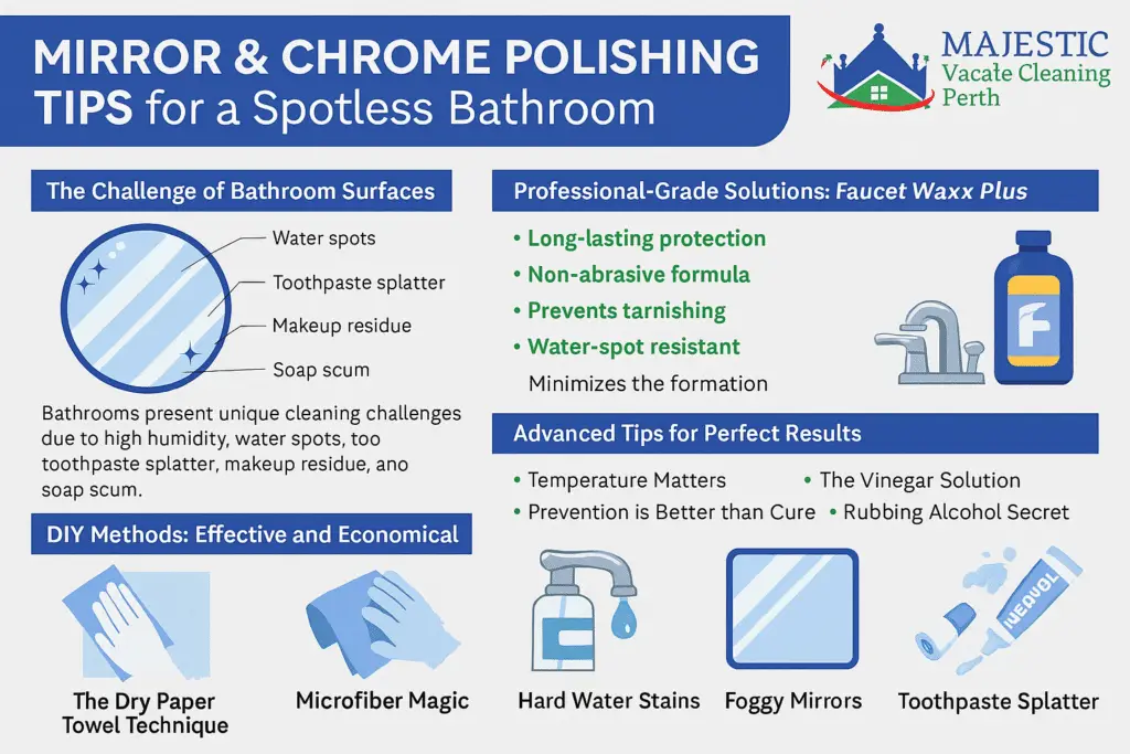 Mirror &Amp; Chrome Polishing Tips For A Spotless Bathroom 1 Infographic explaining how to polish bathroom mirrors and chrome fittings using DIY and professional methods, created by Majestic Vacate Cleaning Perth.