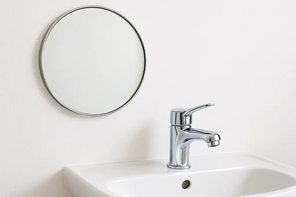 Bright bathroom scene with a spotless chrome faucet and round wall-mounted mirror above a white ceramic sink, reflecting a clean and polished look.