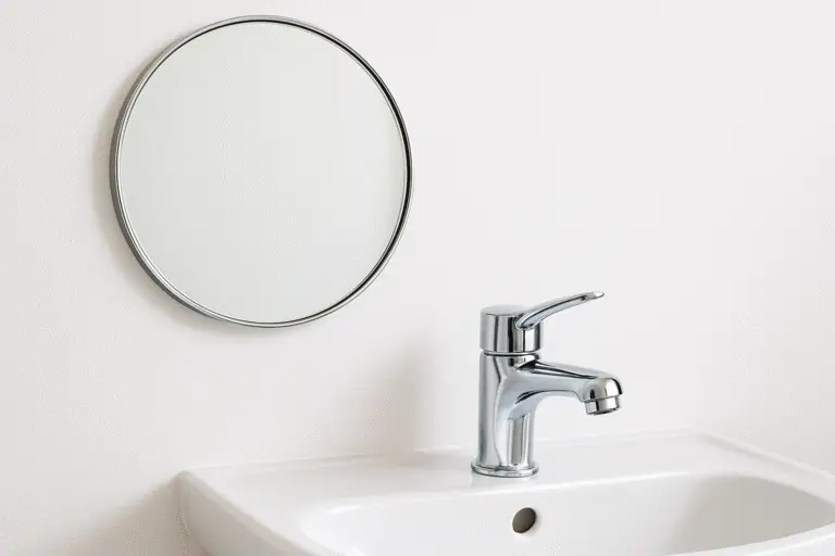 Bright bathroom scene with a spotless chrome faucet and round wall-mounted mirror above a white ceramic sink, reflecting a clean and polished look.