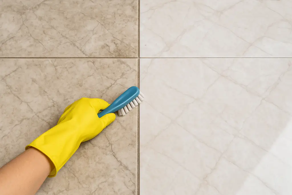 Split-view of marble tiles: left side dirty and stained grout, right side pristine and clean, with a yellow-gloved hand scrubbing the grout line.