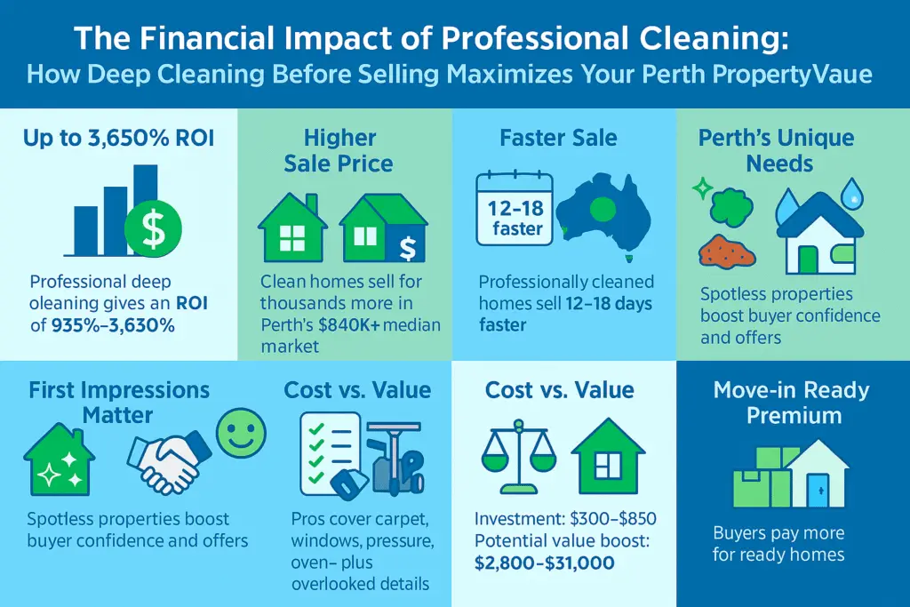 How Vacate Cleaning Before Selling Maximizes Your Perth Property Value 1 Landscape infographic summarizing key ROI statistics and benefits of deep cleaning before selling a house in Perth, with icons, blue and green colors