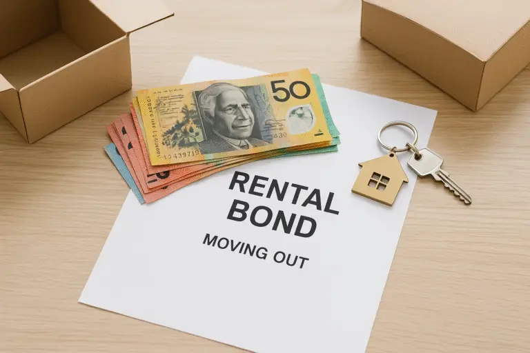 Rental bond money in Australian dollars on a rental agreement with house keys and moving boxes – concept for moving out and bond refund in Perth.