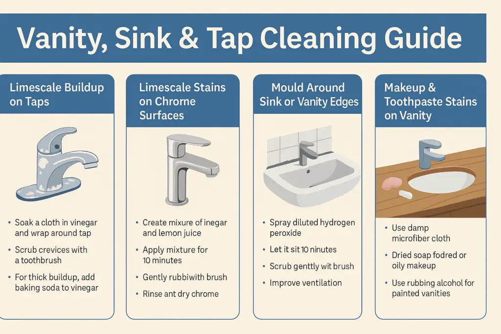 Comprehensive Vanity, Sink &Amp; Tap Cleaning Guide: Protect Your Bond And Bathroom Fixtures 1 Horizontal infographic illustrating four common bathroom cleaning problems—limescale on taps, stains on chrome, mold around sinks, and makeup residue on vanities—with solutions for each.