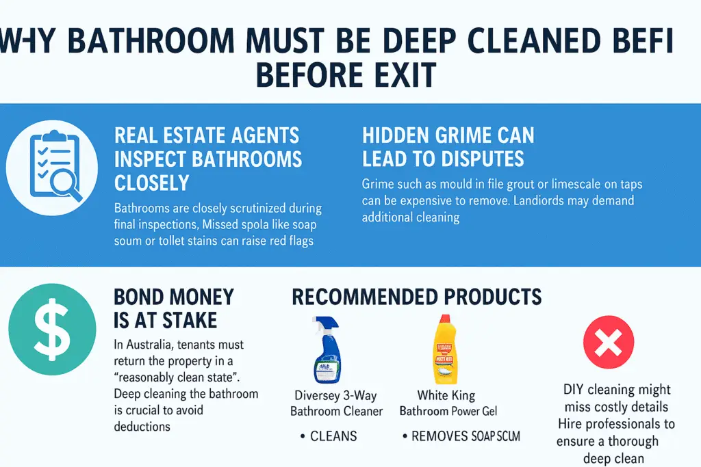 Infographic explaining why deep cleaning the bathroom is essential before moving out, highlighting inspection expectations, bond risks, hidden grime issues, and recommended cleaning products like White King and Diversey.