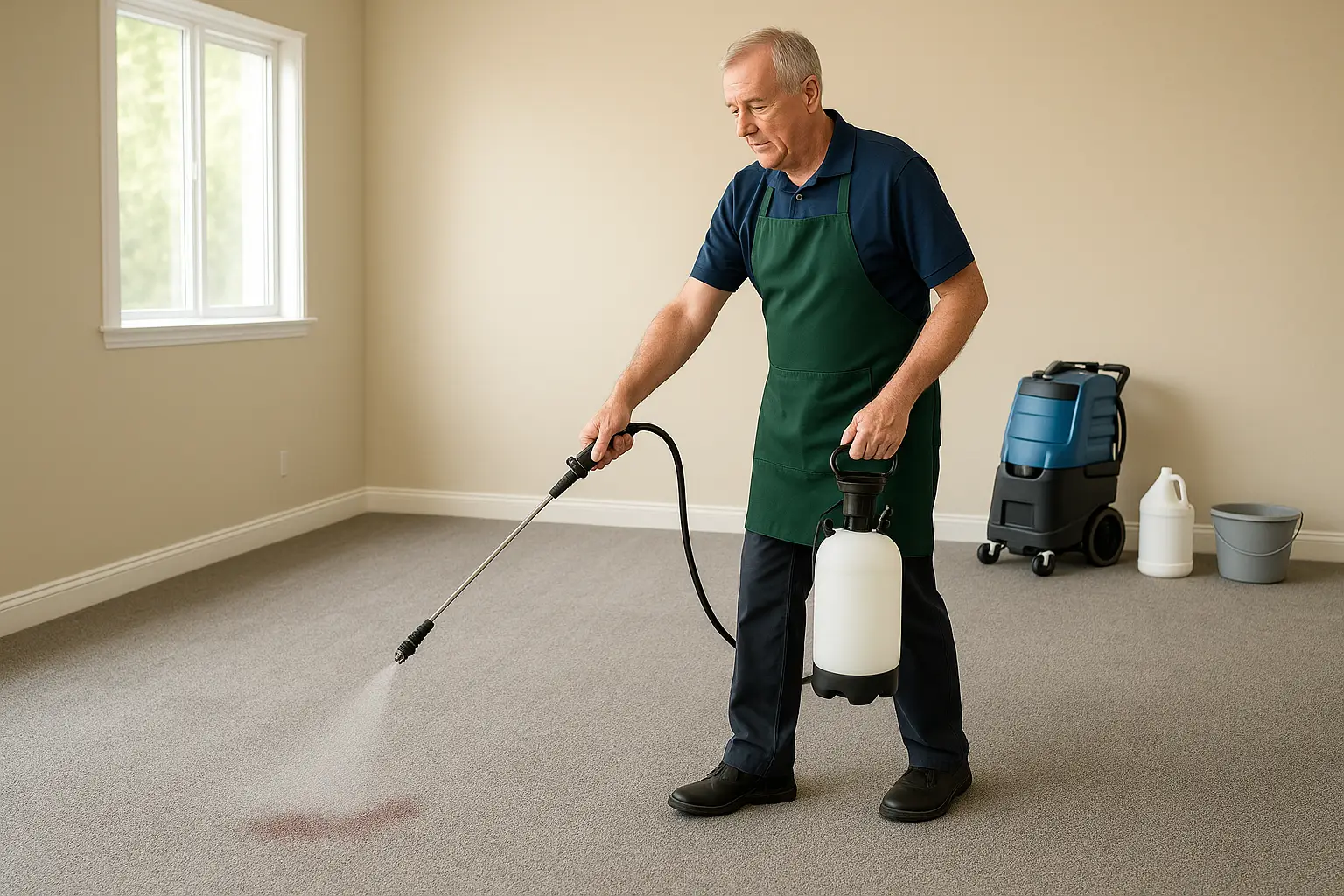 Carpet cleaner applying pre-spray solution with pump sprayer