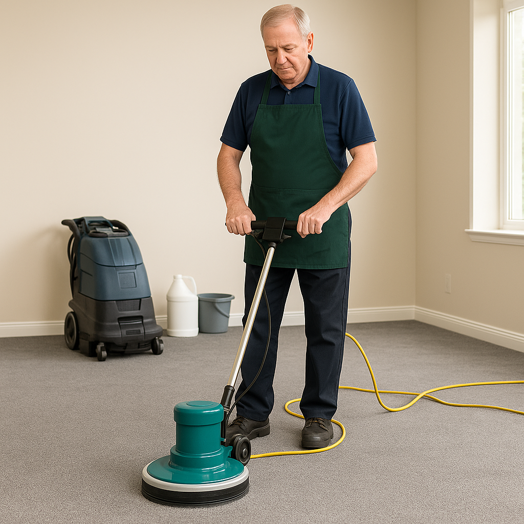 Carpet cleaner using rotary machine for agitation