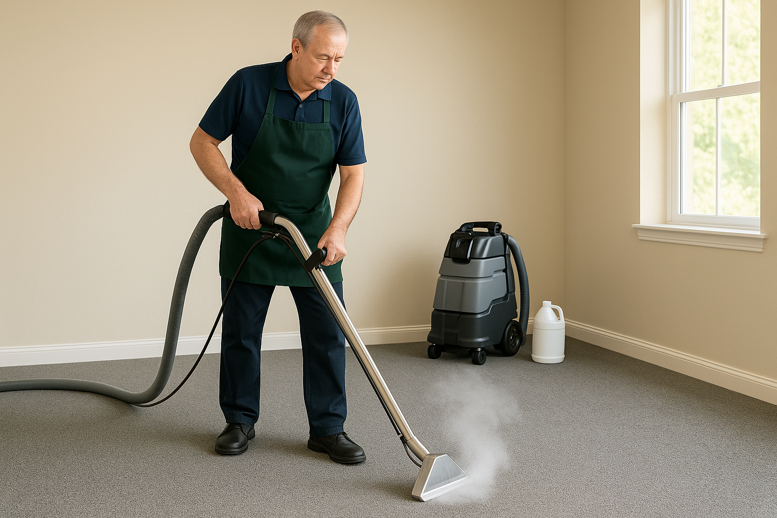Professional carpet cleaner performing hot water extraction