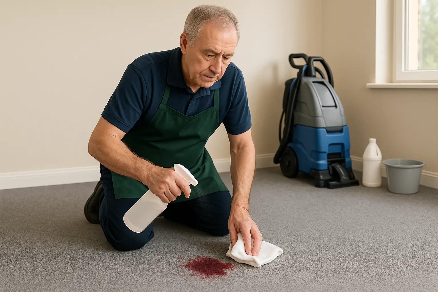 Professional carpet cleaner removing red wine stain