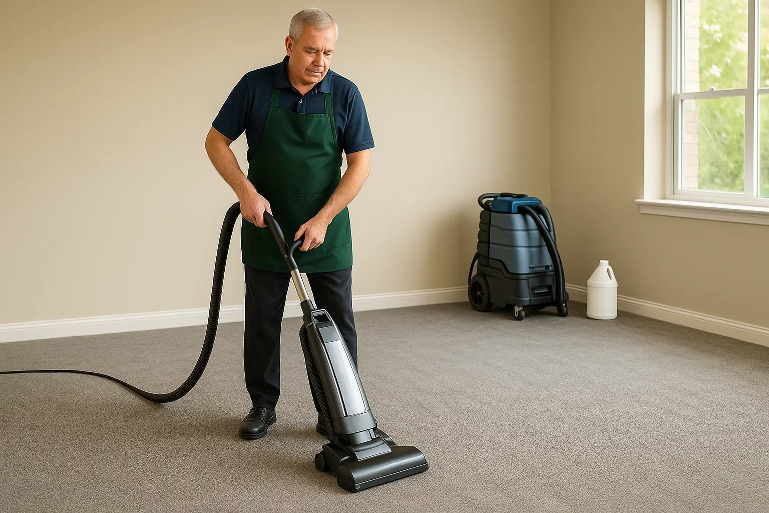 Professional carpet cleaner vacuuming commercial carpet