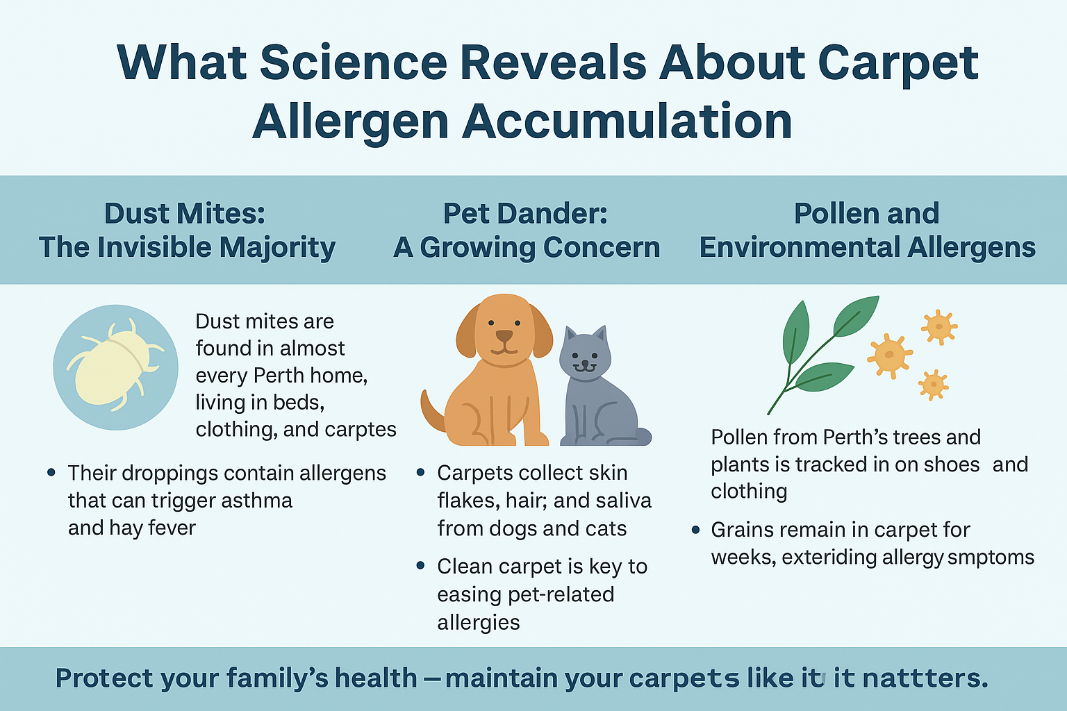 Healthy Home Carpet Maintenance: Research Shows What Cleaning Strategies Actually Work 1 A horizontal infographic explaining how carpets in Perth homes accumulate allergens such as dust mites, pet dander, and pollen. It includes illustrations and brief descriptions highlighting the health risks and allergen triggers caused by unclean carpets, with a message encouraging regular carpet maintenance.