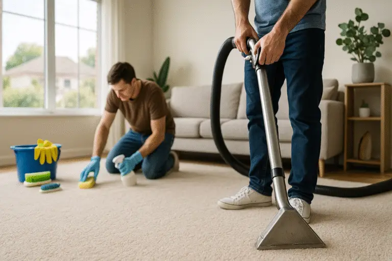 A realistic, horizontal photo of a modern living room in Perth, featuring two people cleaning a plush beige carpet—one operating a professional-grade carpet cleaning machine in the foreground, while the other scrubs the carpet by hand using cleaning supplies. Sunlight streams in through large windows, with a bucket, gloves, and brushes visible nearby.