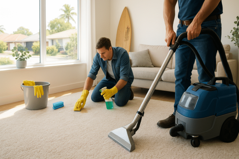 Modern living room in Perth with sunlight streaming through large windows, showing two people cleaning a light-colored carpet—one using a professional carpet cleaning machine, the other scrubbing a stain with eco-friendly supplies. Cleaning tools, a surfboard, and potted eucalyptus accentuate the Australian home setting.