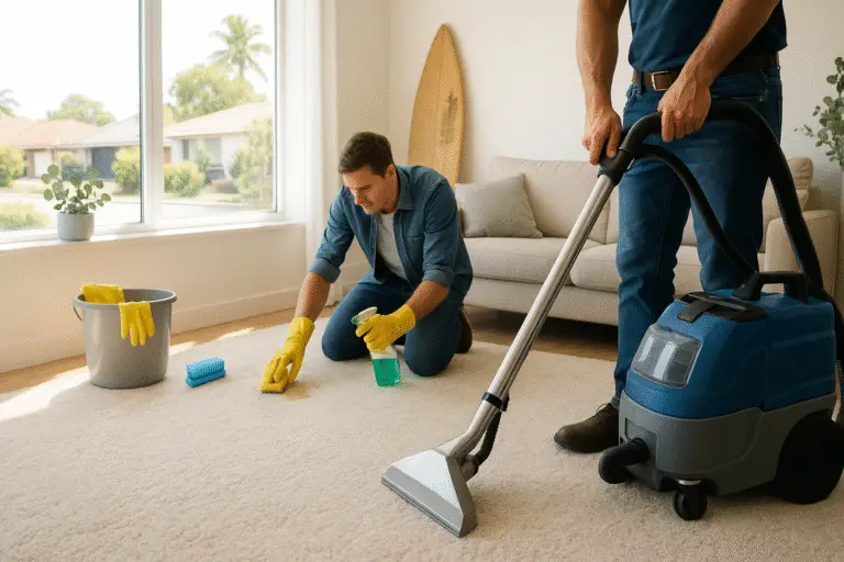 Modern living room in Perth with sunlight streaming through large windows, showing two people cleaning a light-colored carpet—one using a professional carpet cleaning machine, the other scrubbing a stain with eco-friendly supplies. Cleaning tools, a surfboard, and potted eucalyptus accentuate the Australian home setting.