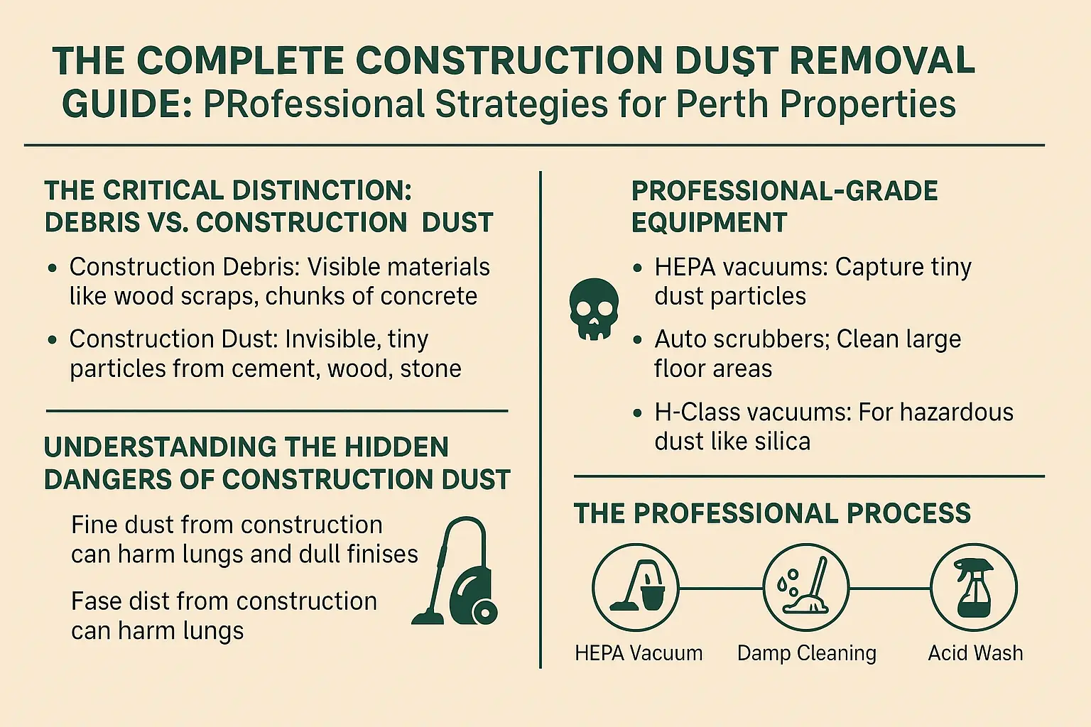 The Complete Construction Dust Removal Guide: Professional Strategies For Perth Properties 1 Horizontal infographic titled “The Complete Construction Dust Removal Guide: Professional Strategies for Perth Properties,” visually explaining the distinction between construction debris and dust, the health hazards of fine dust, the use of HEPA and H-Class vacuums, and the essential steps of professional post-construction cleaning, including HEPA vacuuming, damp cleaning, and acid wash. Uses clear icons and green text on a beige background for easy reading.