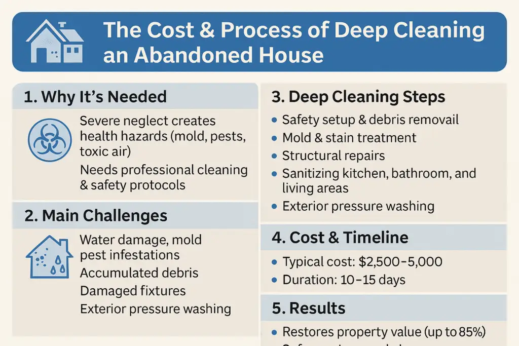 The Cost And Process Of Deep Cleaning An Abandoned House 1 Horizontal infographic visually outlining the cost and process of deep cleaning an abandoned house. Key sections include reasons for deep cleaning, main challenges like mold and pests, step-by-step cleaning methods, typical cost and duration, and restoration results.