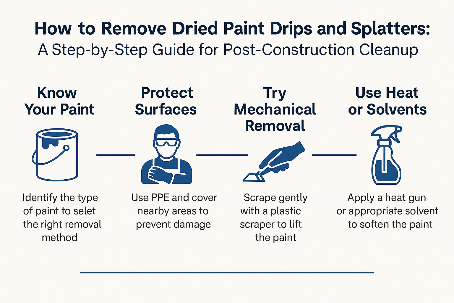 How To Remove Dried Paint Drips And Splatters: A Step-By-Step Guide For Post-Construction Cleanup 1 Infographic showing how to remove dried paint drips and splatters after construction with four steps: identify paint type, protect surfaces, use mechanical scraping, and apply heat or solvent