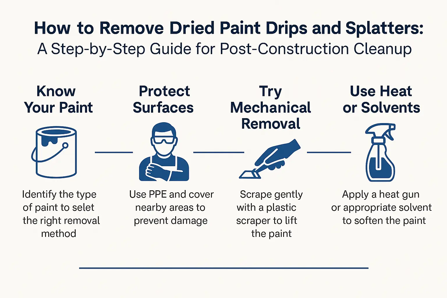 How To Remove Dried Paint Drips And Splatters: A Step-By-Step Guide For Post-Construction Cleanup 1 Infographic showing how to remove dried paint drips and splatters after construction with four steps: identify paint type, protect surfaces, use mechanical scraping, and apply heat or solvent